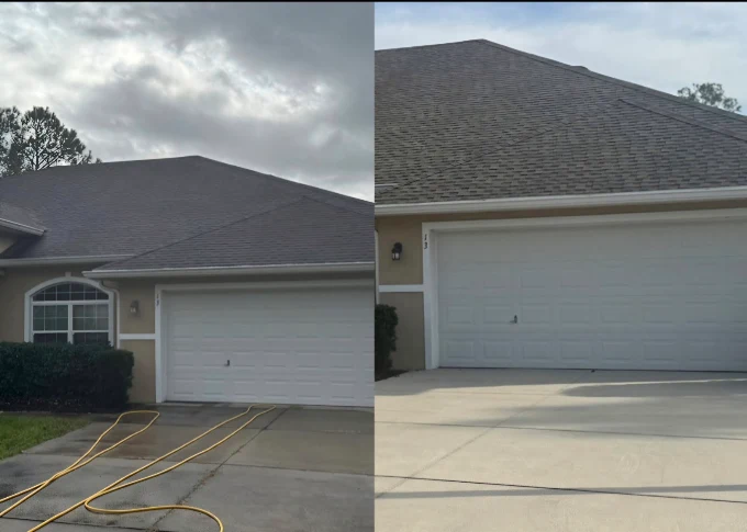 Client before-and-after photo of dark roof streaks cleaned from residential shingles