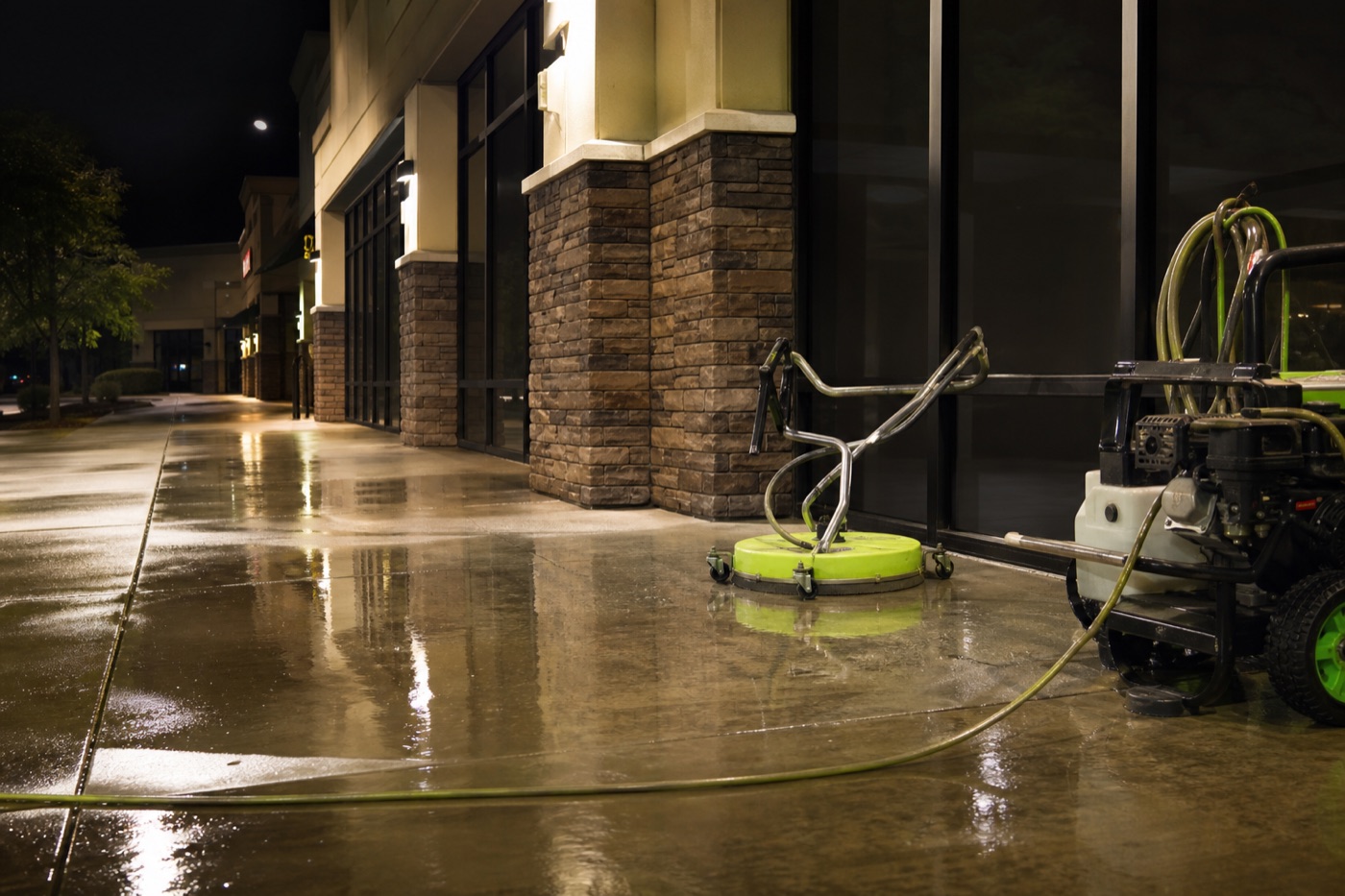 Generated service visual of commercial pressure washing outside a storefront