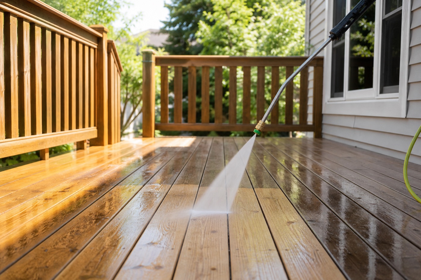 Generated service visual of deck cleaning with water rinsing wood boards
