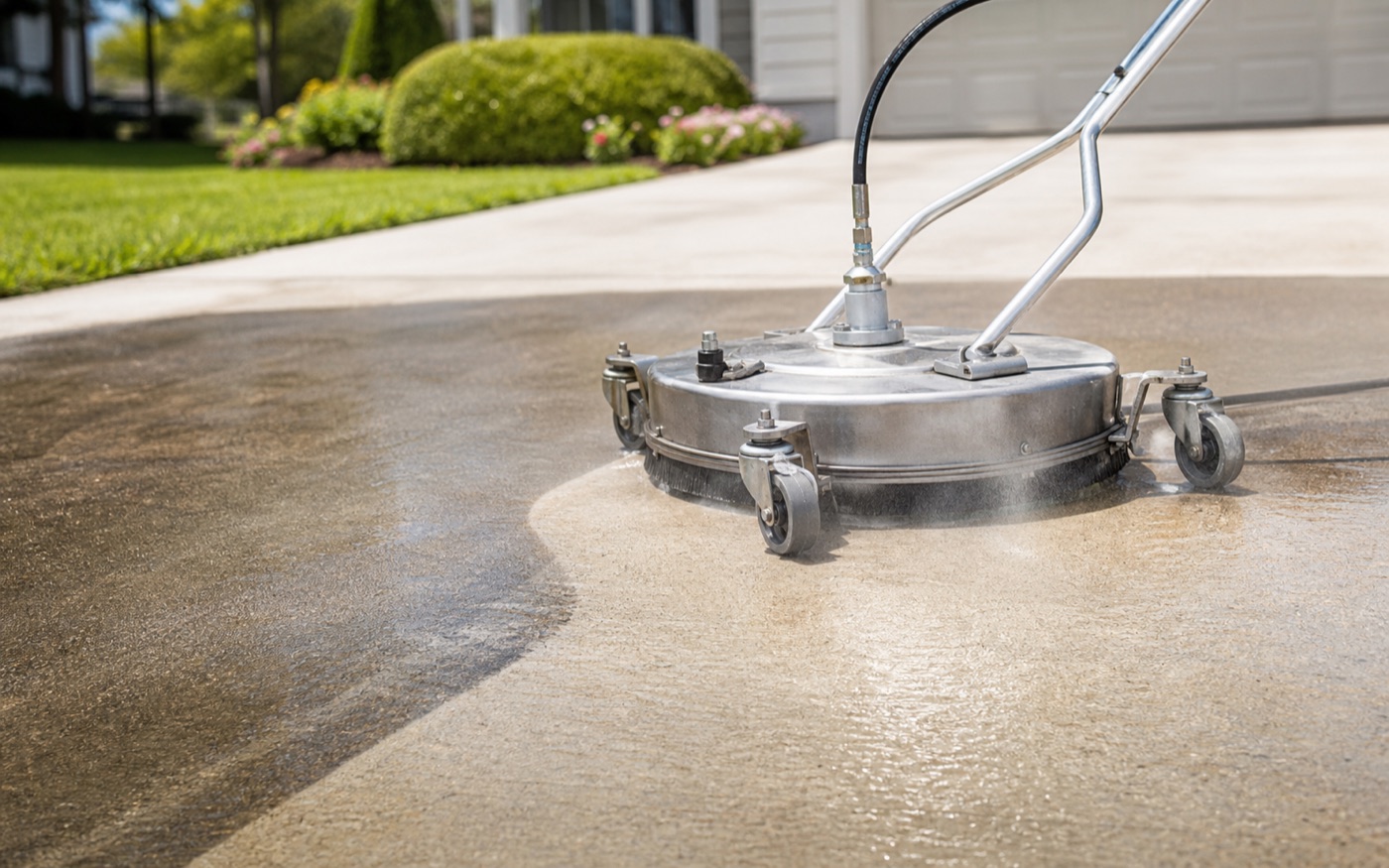 Generated service visual of driveway pressure washing with a surface cleaner