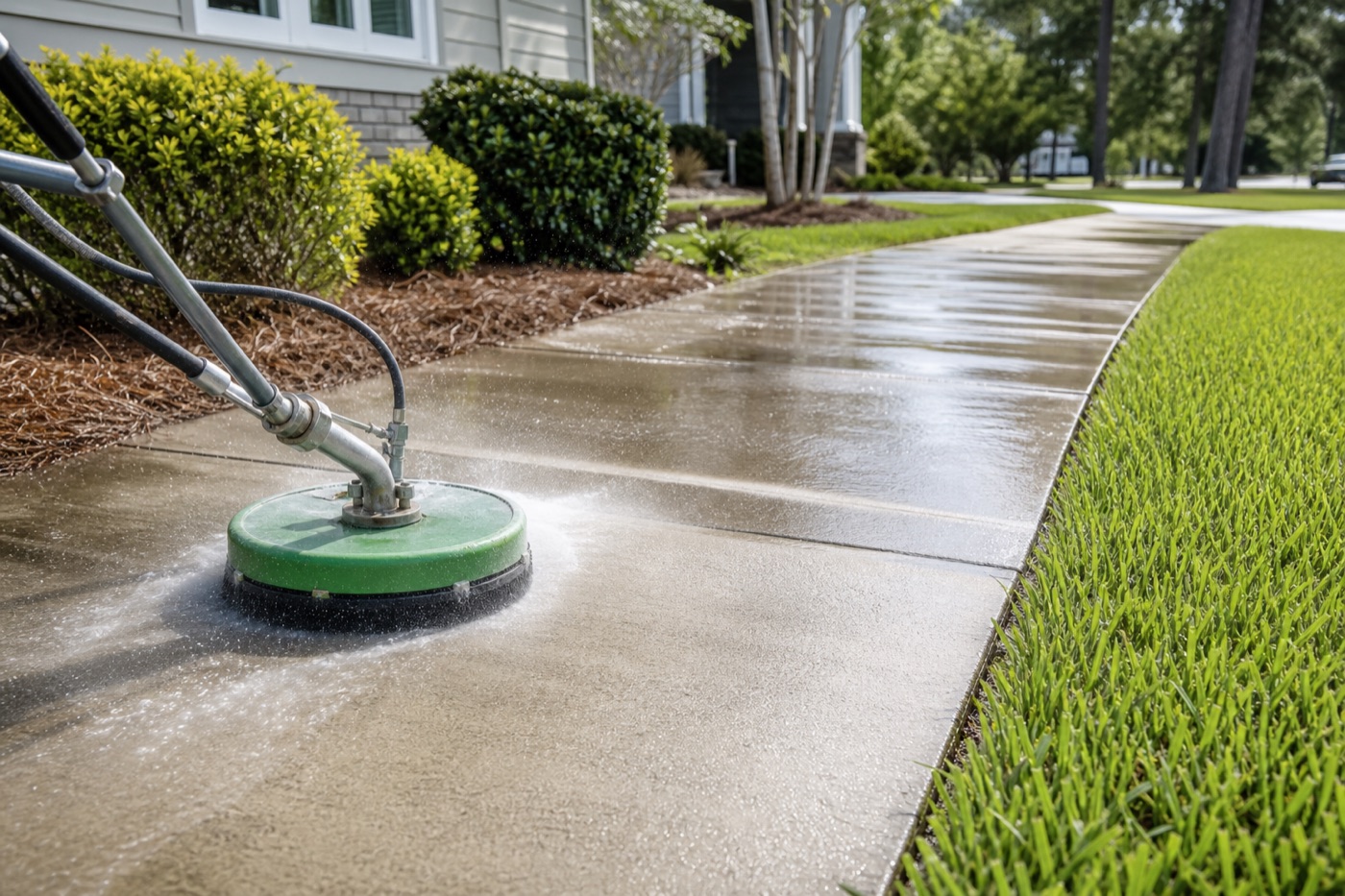 Generated service visual of sidewalk cleaning with a surface cleaner near a home